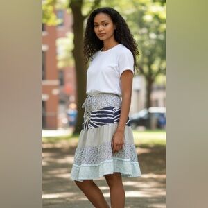 J Crew Cottagecore Tiered Patchwork Drawstring Skirt Size M Multi Blue Spring